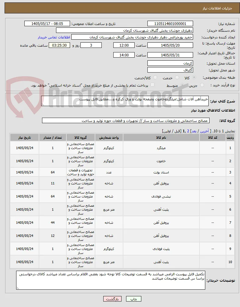 خریدآهن آلات شامل:میلگردوخاموت وصفحه بولت و ورق کرکره و....مطابق فایل پیوست