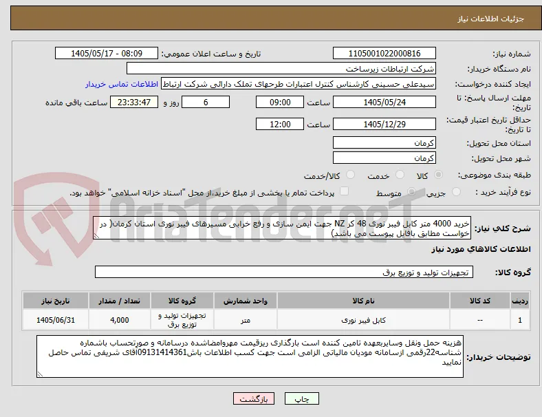 خرید 4000 متر کابل فیبر نوری 48 کر NZ جهت ایمن سازی و رفع خرابی مسیرهای فیبر نوری استان کرمان( در خواست مطابق بافایل پیوست می باشد)
