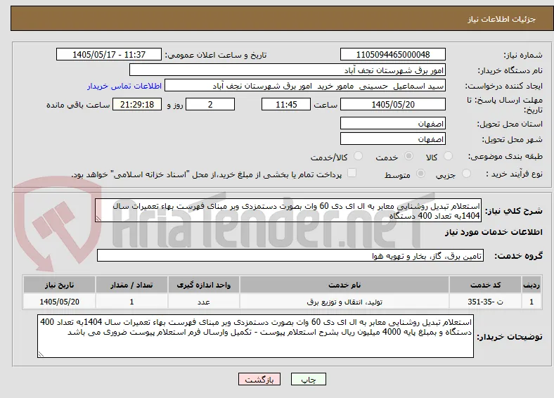 استعلام تبدیل روشنایی معابر به ال ای دی 60 وات بصورت دستمزدی وبر مبنای فهرست بهاء تعمیرات سال 1404به تعداد 400 دستگاه 