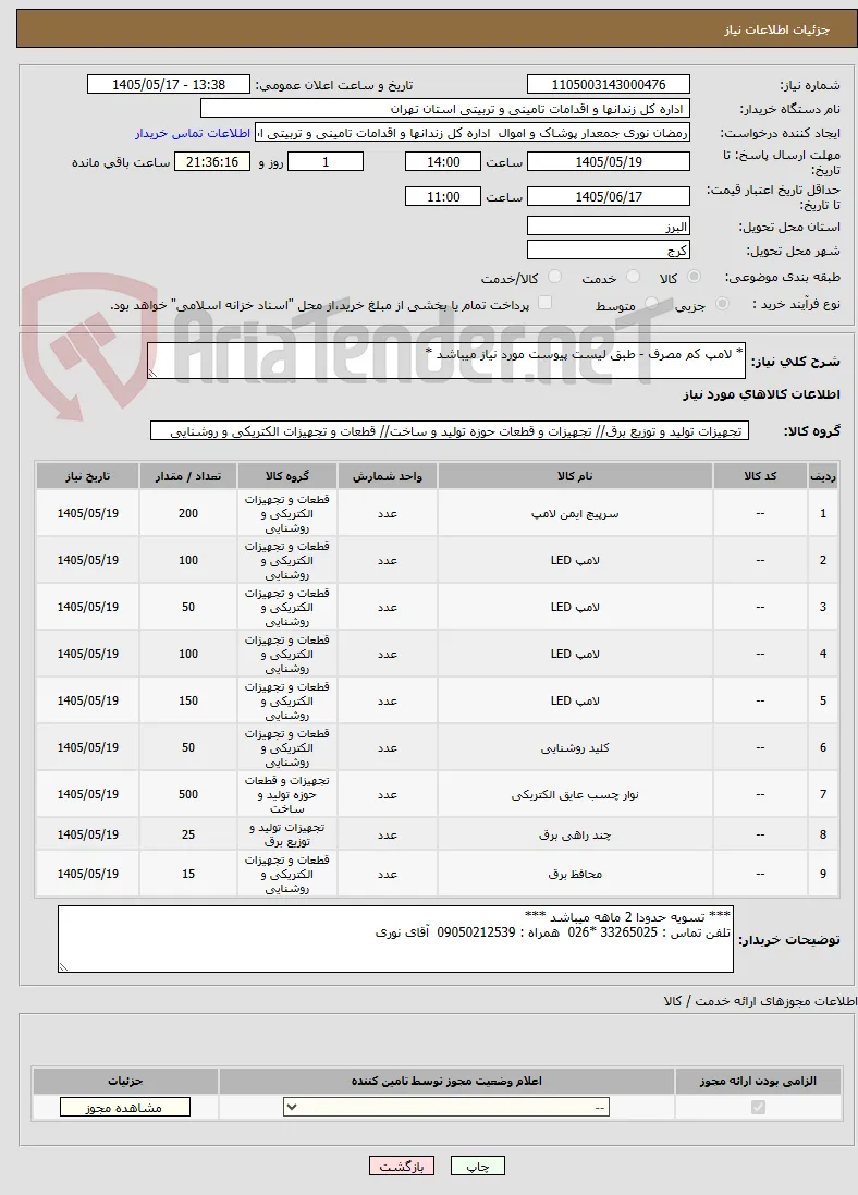 * لامپ کم مصرف - طبق لیست پیوست مورد نیاز میباشد *