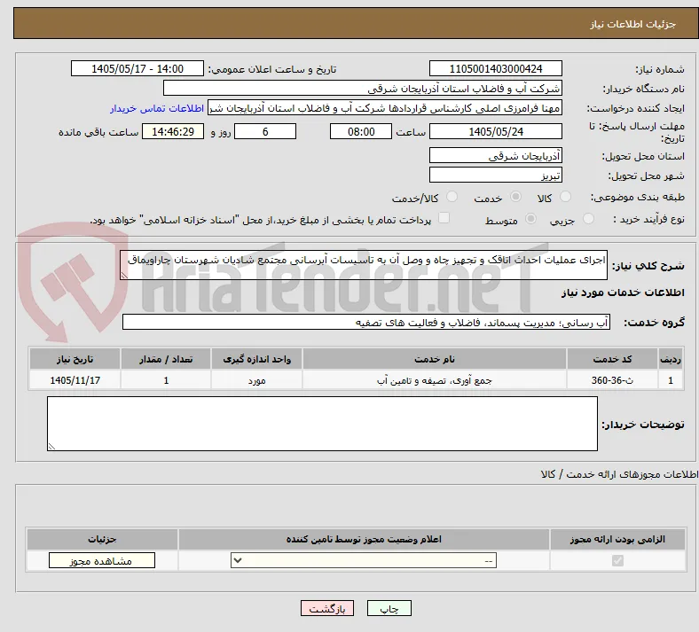 اجرای عملیات احداث اتاقک و تجهیز چاه و وصل آن به تاسیسات آبرسانی مجتمع شادیان شهرستان چاراویماق