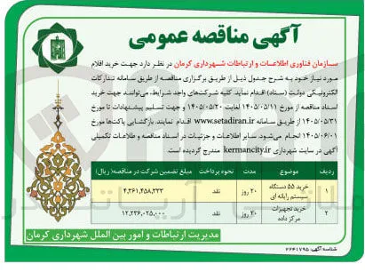 خرید اقلام مورد نیاز (۵۵ دستگاه سیستم رایانه ای و تجهیزات مرکز داده)