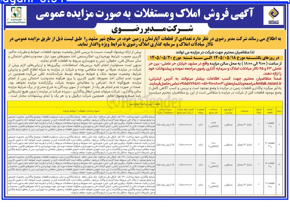 فروش املاک و مستغلات (قطعات آپارتمان و زمین)