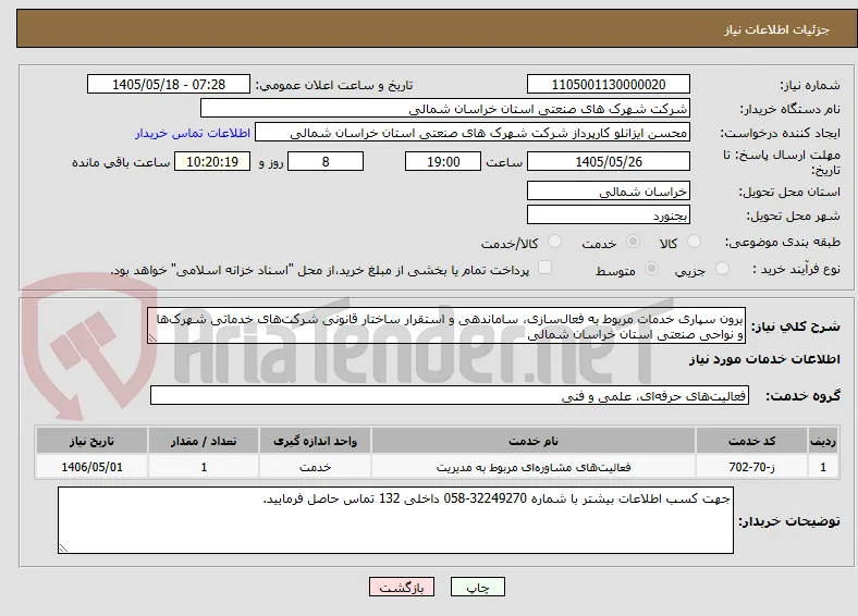 برون سپاری خدمات مربوط به فعال‌سازی، ساماندهی و استقرار ساختار قانونی شرکت‌های خدماتی شهرک‌ها و نواحی صنعتی استان خراسان شمالی