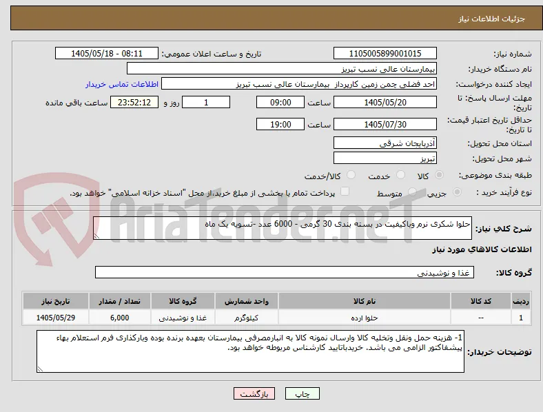 حلوا شکری نرم وباکیفیت در بسته بندی 30 گرمی - 6000 عدد -تسویه یک ماه 