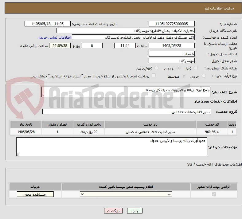 جمع آوری زباله و لایربروی جدول کل روستا 