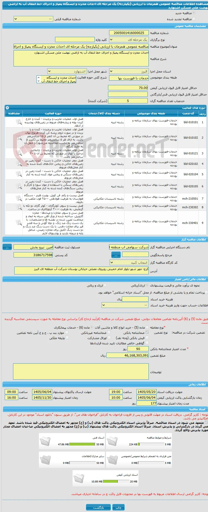مناقصه عمومی همزمان با ارزیابی (یکپارچه) یک مرحله ای احداث مخزن و ایستگاه پمپاژ و اجرای خط انتقال آب به اراضی نهضت ملی مسکن اشتهارد