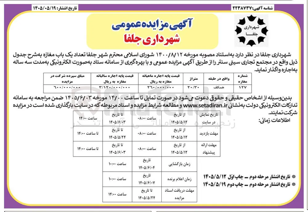 اجاره یک باب مغازه به مدت سه ساله