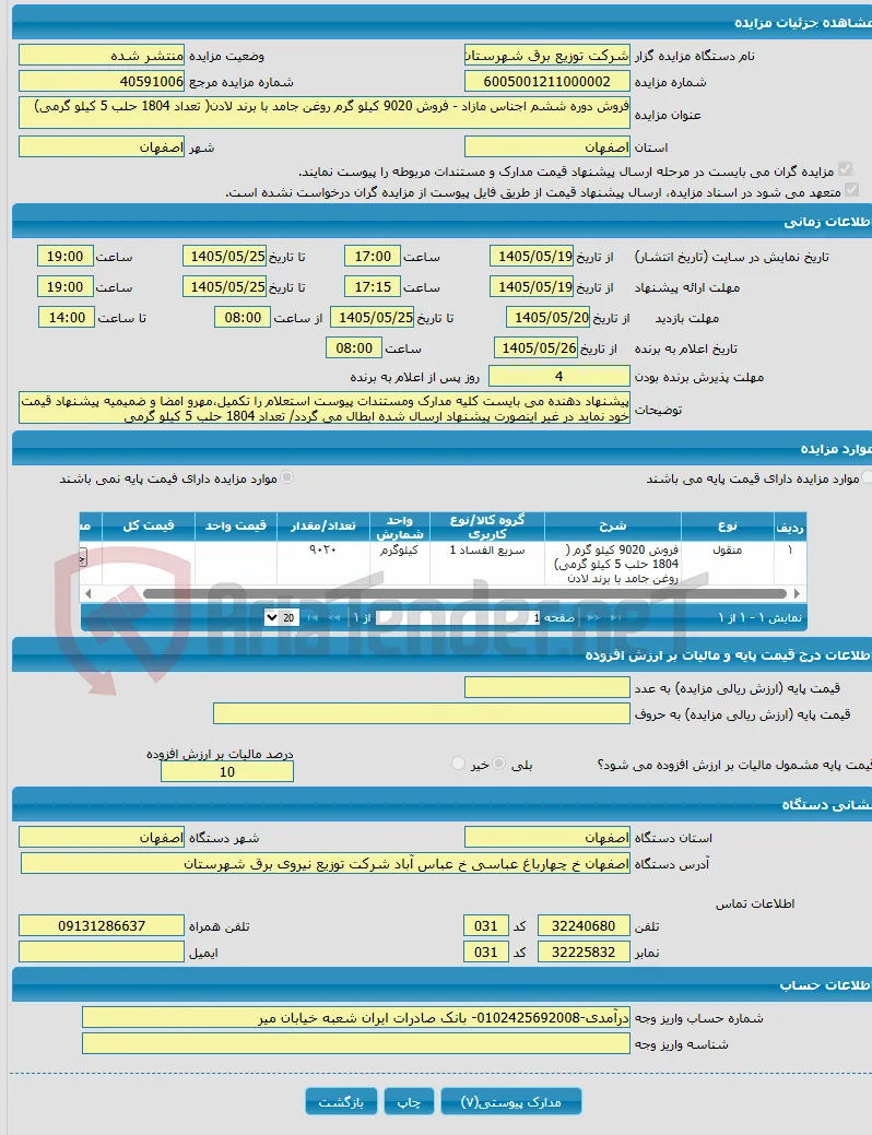 فروش دوره ششم اجناس مازاد - فروش 9020 کیلو گرم روغن جامد با برند لادن( تعداد 1804 حلب 5 کیلو گرمی)