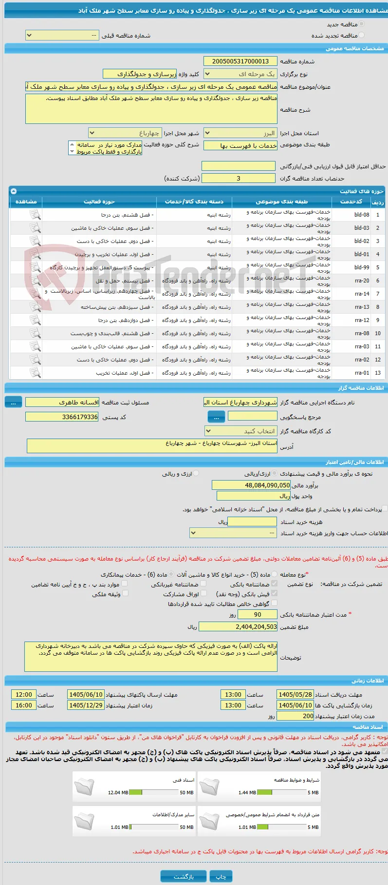 مناقصه عمومی یک مرحله ای زیر سازی ، جدولگذاری و پیاده رو سازی معابر سطح شهر ملک آباد