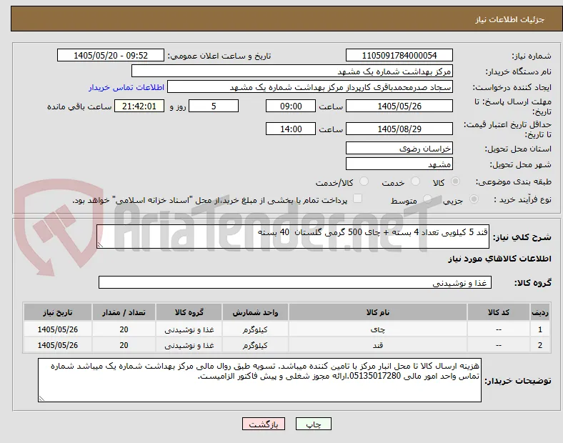 قند 5 کیلویی تعداد 4 بسته + چای 500 گرمی گلستان  40 بسته 