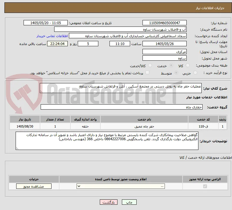 عملیات حفر چاه به روش دستی در مجتمع آسکین ، آتلن و قزلقاش شهرستان ساوه