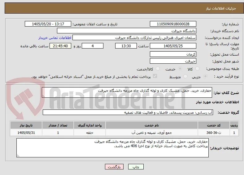 حفاری، خرید، حمل، مشبک کاری و لوله گذاری چاه مزرعه دانشگاه جیرفت
