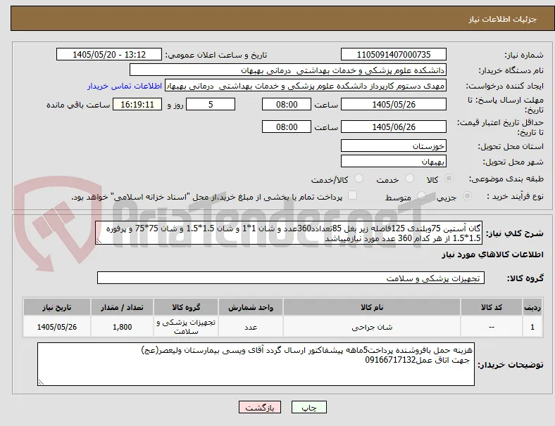 گان آستین 75وبلندی 125فاصله زیر بغل 85تعدادد360عدد و شان 1*1 و شان 1.5*1.5 و شان 75*75 و پرفوره 1.5*1.5 از هر کدام 360 عدد مورد نیازمیباشد