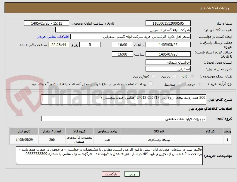 200 عدد روبند تیغچه رزوه زنی LP012 C26717 (عکس جدول پیوستی)