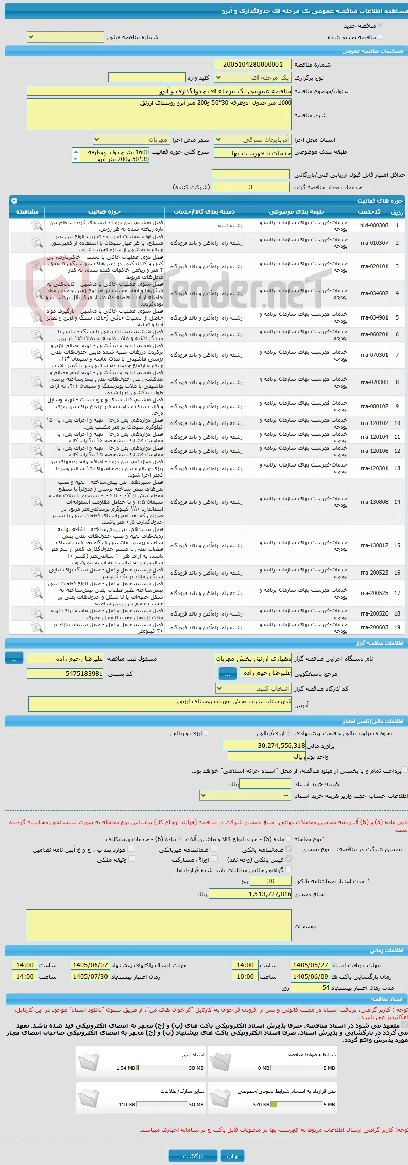 مناقصه عمومی یک مرحله ای جدولگذاری و آبرو
