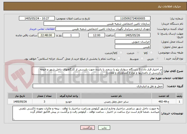 در اختیار قرار دادن 3 دستگاه سواری پژو یا سمند با راننده جهت بازرسی از کارگاههای داخل شهر و حومه (بازرسی از دامداریها و مزارع کشاورزی و معادن)