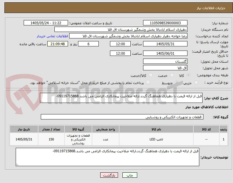 قبل از ارائه قیمت با دهیاری هماهنگ گردد.ارائه صلاحیت پیمانکاری الزامی می باشد.09119715868-