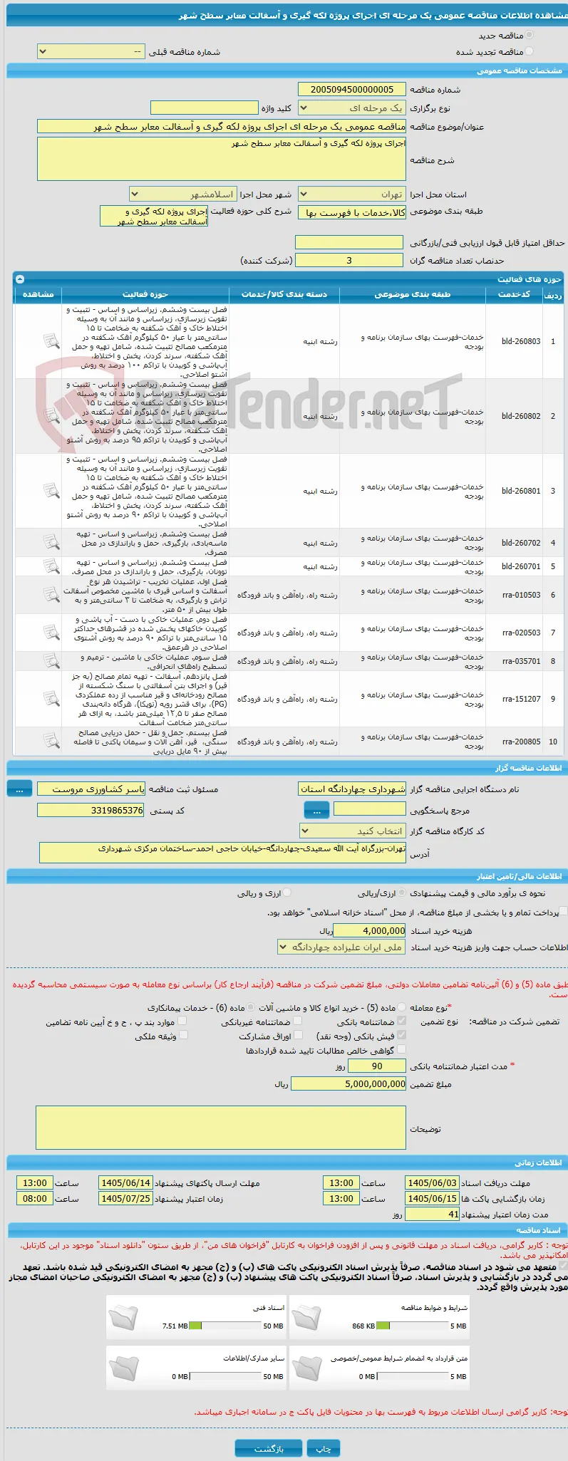 مناقصه عمومی یک مرحله ای اجرای پروژه لکه گیری و آسفالت معابر سطح شهر