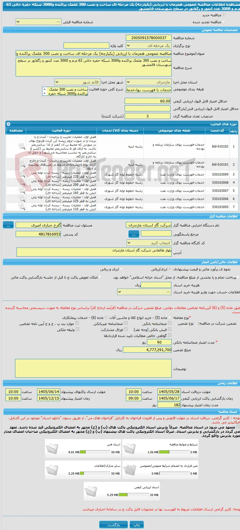 مناقصه عمومی همزمان با ارزیابی (یکپارچه) یک مرحله ای ساخت و نصب 300 علمک پراکنده و3000 شبکه حفره خالی 63 م.م و 3000 عدد کنتور و رگلاتور در سطح شهرستان قائمشهر