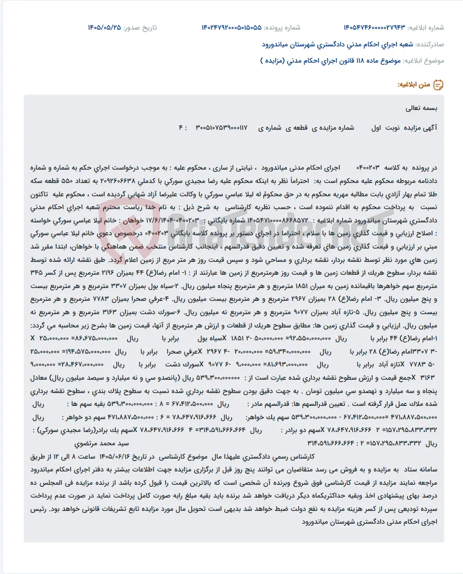 مزایده 550 سکه تمام بهار آزادی بابت مهریه.