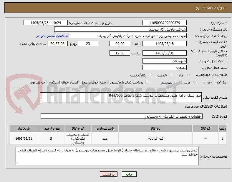 فیوز لینک الزاما  طبق مشخصات پیوست شماره تقاضا 0447009