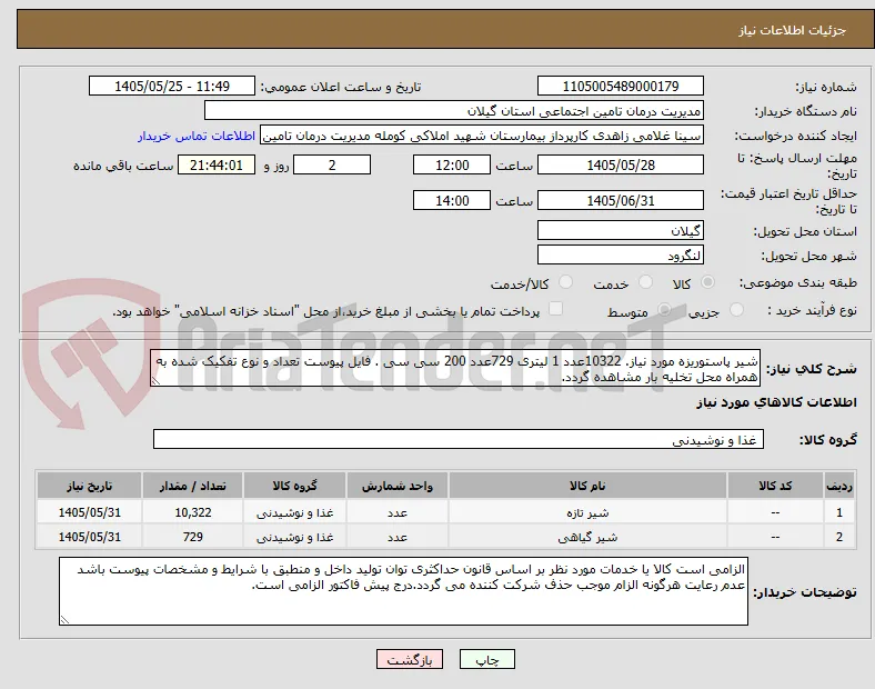 شیر پاستوریزه مورد نیاز. 10322عدد 1 لیتری 729عدد 200 سی سی . فایل پیوست تعداد و نوع تفکیک شده به همراه محل تخلیه بار مشاهده گردد.