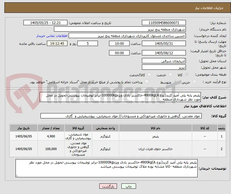 پلیمر پایه پلی آمید کرید(نوع A)4900kg-خاکستر بادی ویژه100000kg-برابر توضیحات پیوستی-تحویل در محل مورد نظر شهرداری منطقه 