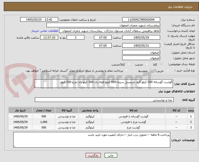 گوشت گوساله 500 کیلو گرم شینسل سینه 500 کیلو فیله ران 500 کیلو ران مرغ 500 کیلو 