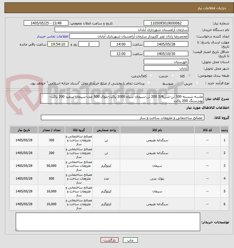 ماسه شسته 300 تن-شن3/4 200 تن-سیمان سیاه 1000 پاکت-بلوک 500 عدد-سیمان سفید 200 پاکت-پودرسنگ 200 پاکت