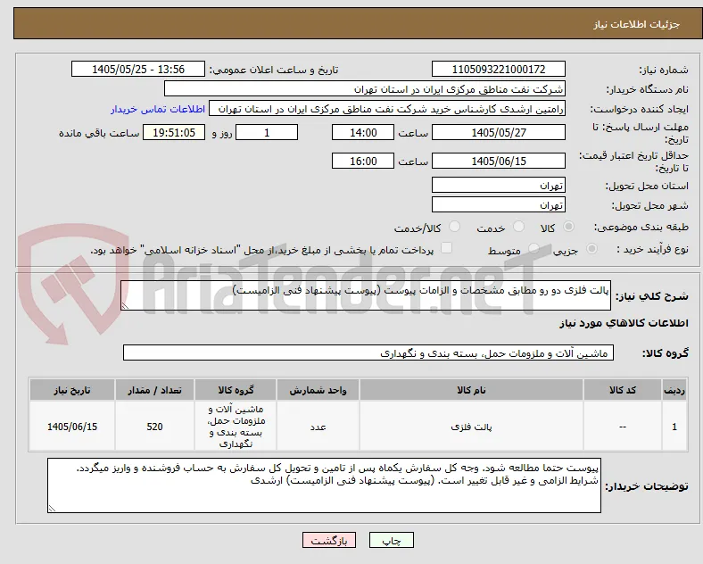 پالت فلزی دو رو مطابق مشخصات و الزامات پیوست (پیوست پیشنهاد فنی الزامیست)