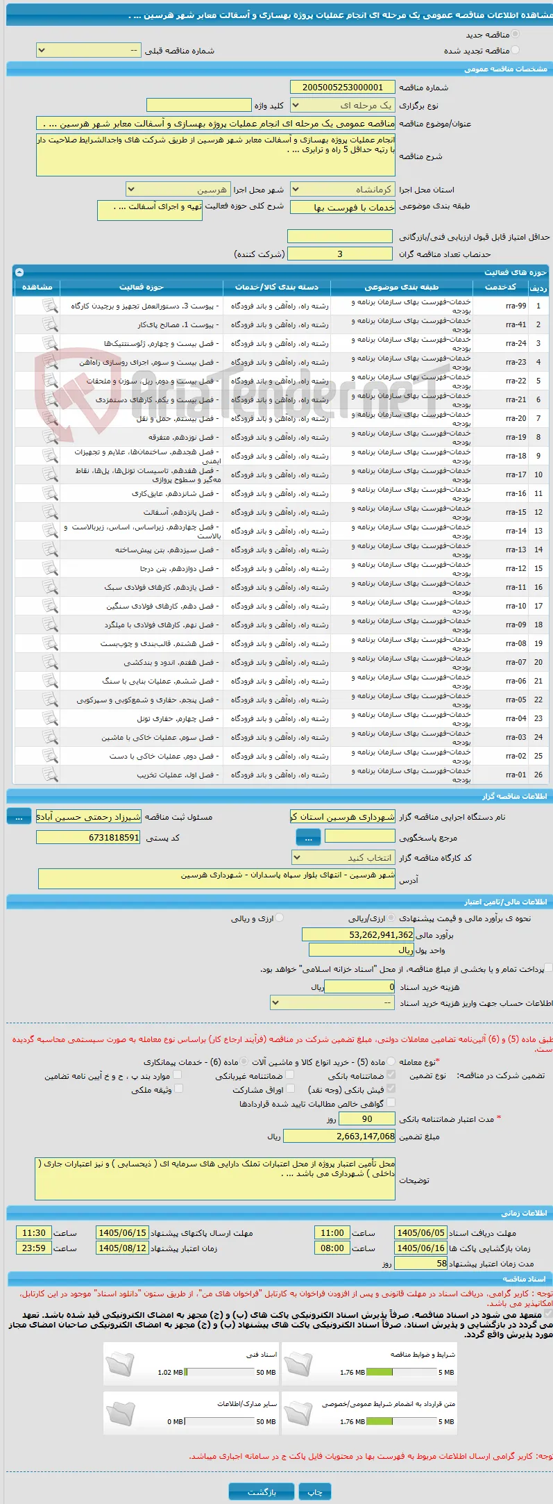 مناقصه عمومی یک مرحله ای انجام عملیات پروژه بهسازی و آسفالت معابر شهر هرسین ... . 