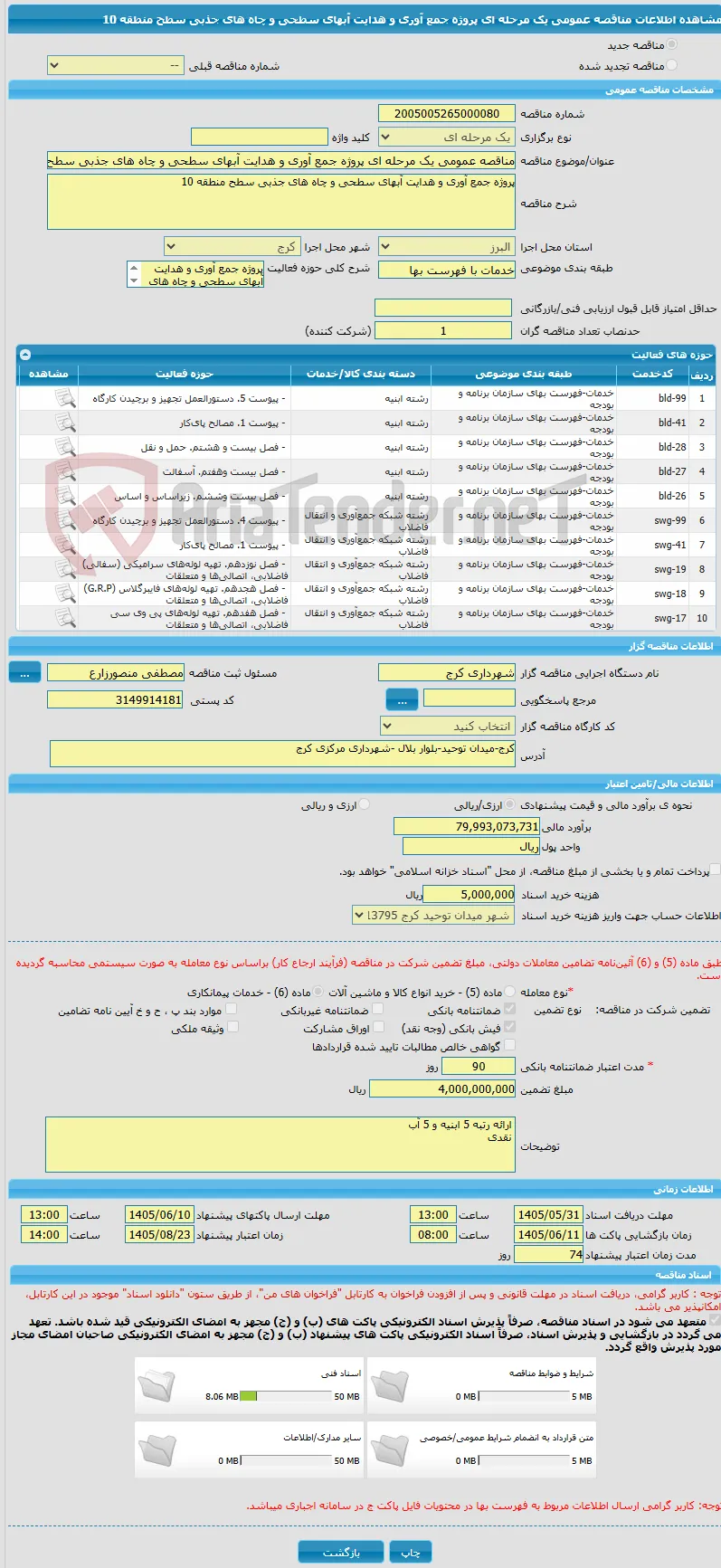 مناقصه عمومی یک مرحله ای پروژه جمع آوری و هدایت آبهای سطحی و چاه های جذبی سطح منطقه 10
