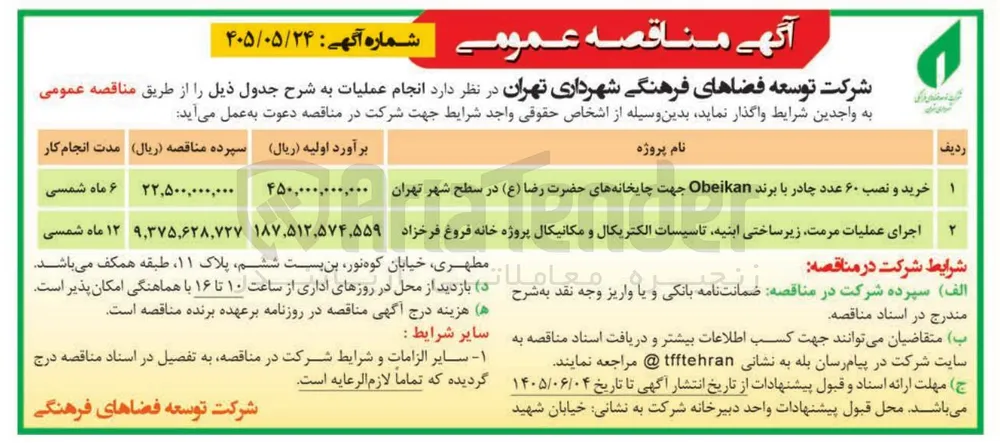 خرید و نصب ۶۰ عدد چادر با برند Obeikan جهت چایخانه های حضرت رضا (ع) در سطح شهر تهران 