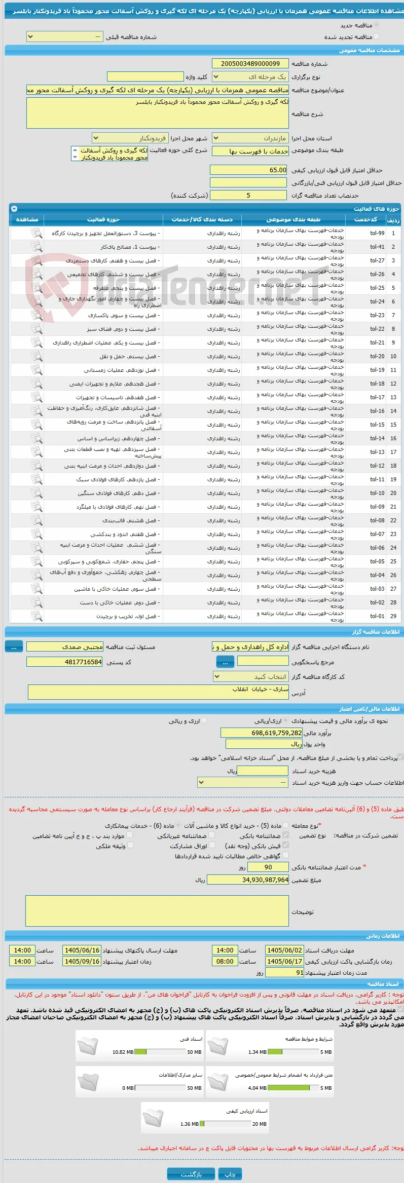 مناقصه عمومی همزمان با ارزیابی (یکپارچه) یک مرحله ای لکه گیری و روکش آسفالت محور محمودآ باد فریدونکنار بابلسر