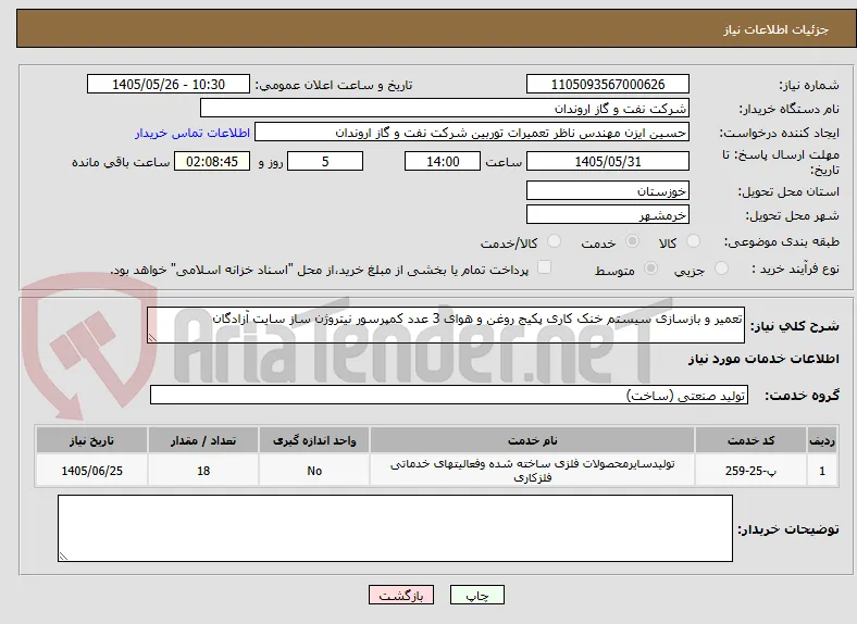 تعمیر و بازسازی سیستم خنک کاری پکیج روغن و هوای 3 عدد کمپرسور نیتروژن ساز سایت آزادگان