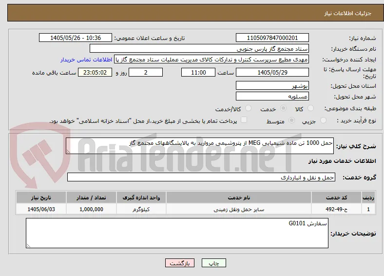 حمل 1000 تن ماده شیمیایی MEG از پتروشیمی مروارید به پالایشگاههای مجتمع گاز