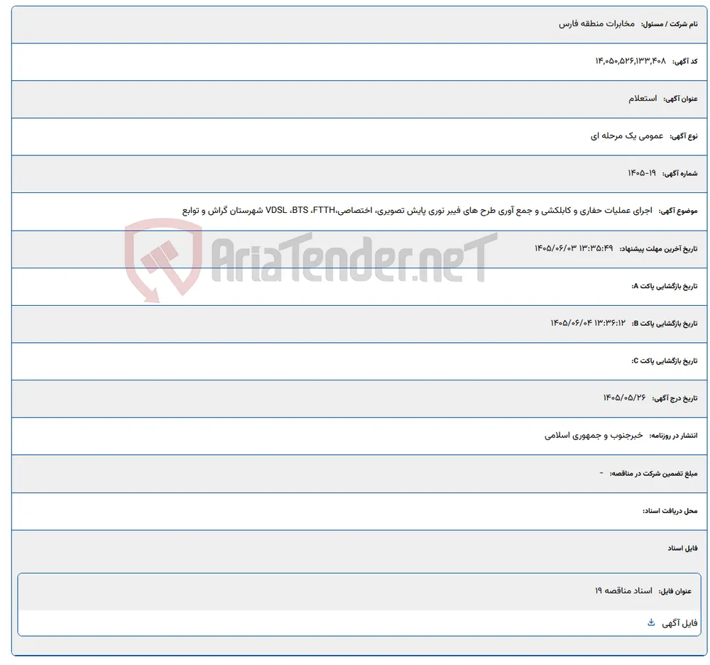 اجرای عملیات حفاری و کابلکشی و جمع آوری طرح های فیبر نوری پایش تصویری، اختصاصی،VDSL ،BTS ،FTTH شهرستان گراش و توابع