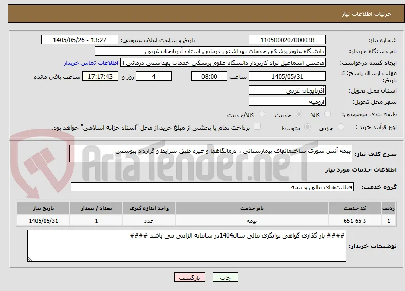 بیمه آتش سوزی ساختمانهای بیمارستانی ، درمانگاهها و غیره طبق شرایط و قرارداد پیوستی
