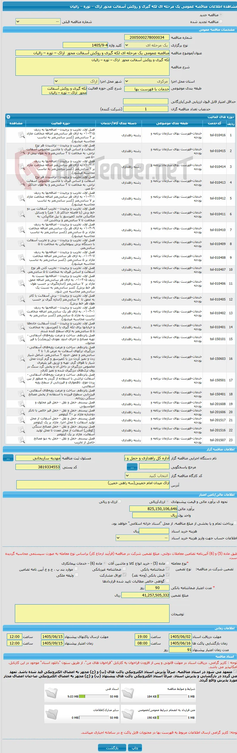 مناقصه عمومی یک مرحله ای لکه گیری و روکش آسفالت محور  اراک – توره – زالیان 