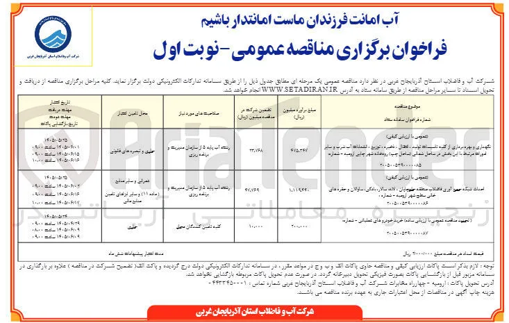 نگهداری و بهره برداری از کلیه تاسیسات تولید ، انتقال ، ذخیره ، توزیع ، انشعابات آب شرب و سایر امورات مرتبط با این بخش در ساحل شمالی (ساحل چپ) رودخانه شهر چایی ارومیه