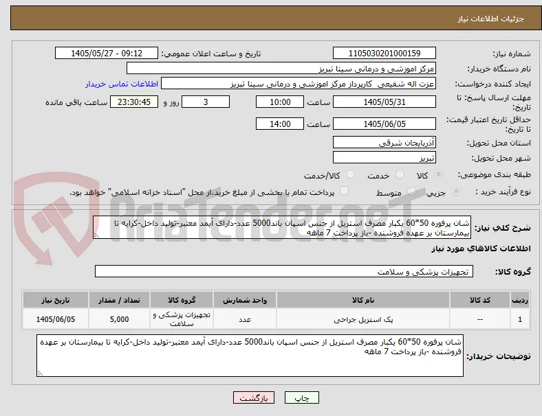 شان پرفوره 50*60 یکبار مصرف استریل از جنس اسپان باند5000 عدد-دارای آیمد معتبر-تولید داخل-کرایه تا بیمارستان بر عهده فروشنده -باز پرداخت 7 ماهه
