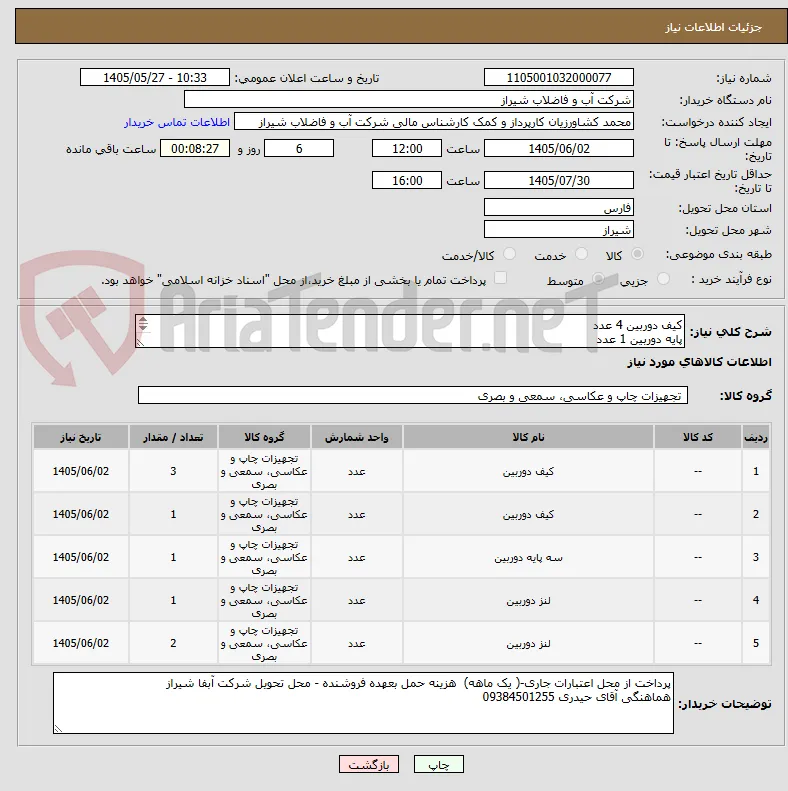 کیف دوربین 4 عدد 
پایه دوربین 1 عدد 
لنز دوربین 3 عدد طبق مشخصات 