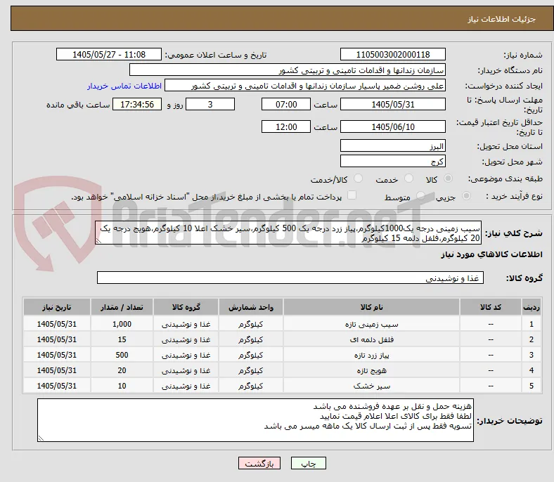 سیب زمینی درجه یک1000کیلوگرم،پیاز زرد درجه یک 500 کیلوگرم،سیر خشک اعلا 10 کیلوگرم،هویج درجه یک 20 کیلوگرم،فلفل دلمه 15 کیلوگرم