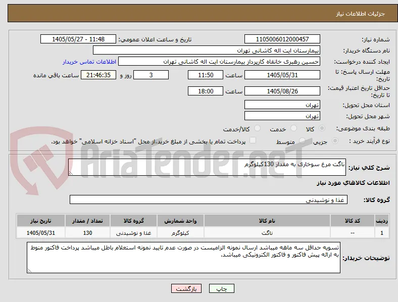 ناگت مرغ سوخاری به مقدار 130کیلوگرم