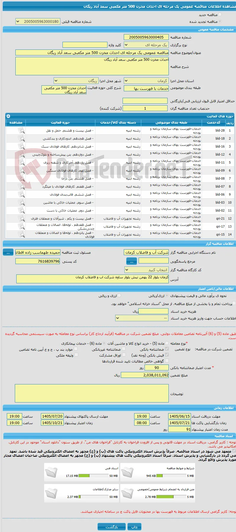 مناقصه عمومی یک مرحله ای احداث مخزن 500 متر مکعبی سعد آباد ریگان