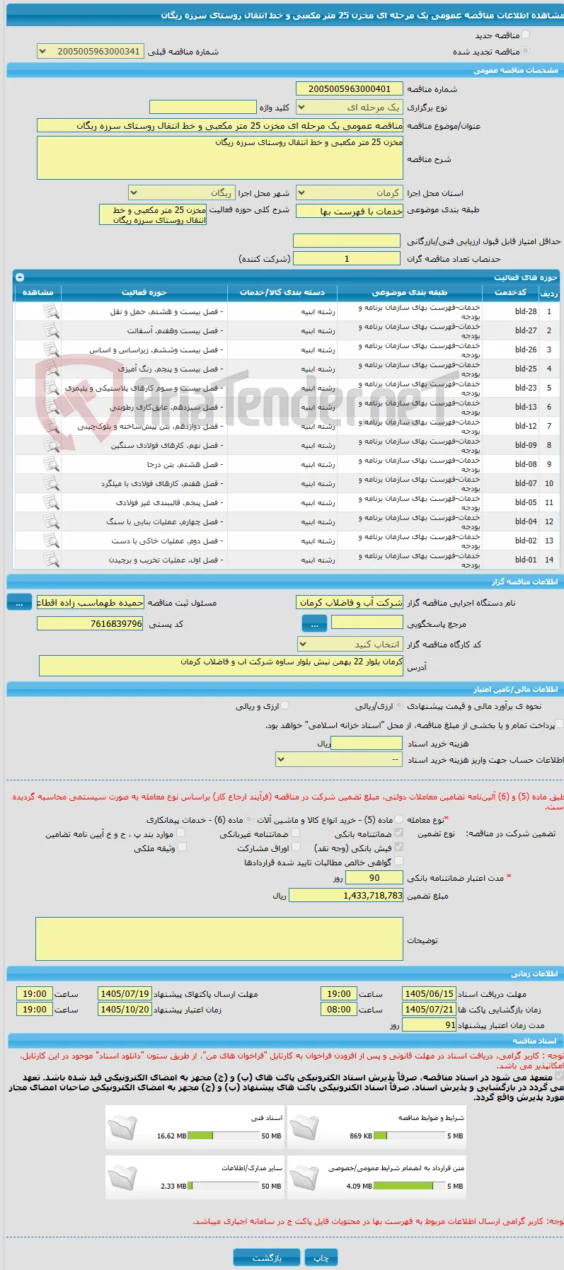 مناقصه عمومی یک مرحله ای مخزن 25 متر مکعبی و خط انتقال روستای سرزه ریگان
