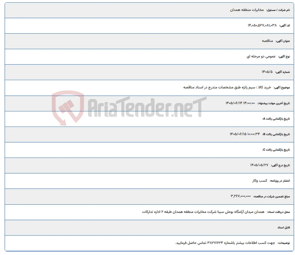 خرید کالا : سیم رانژه طبق مشخصات مندرج در اسناد مناقصه