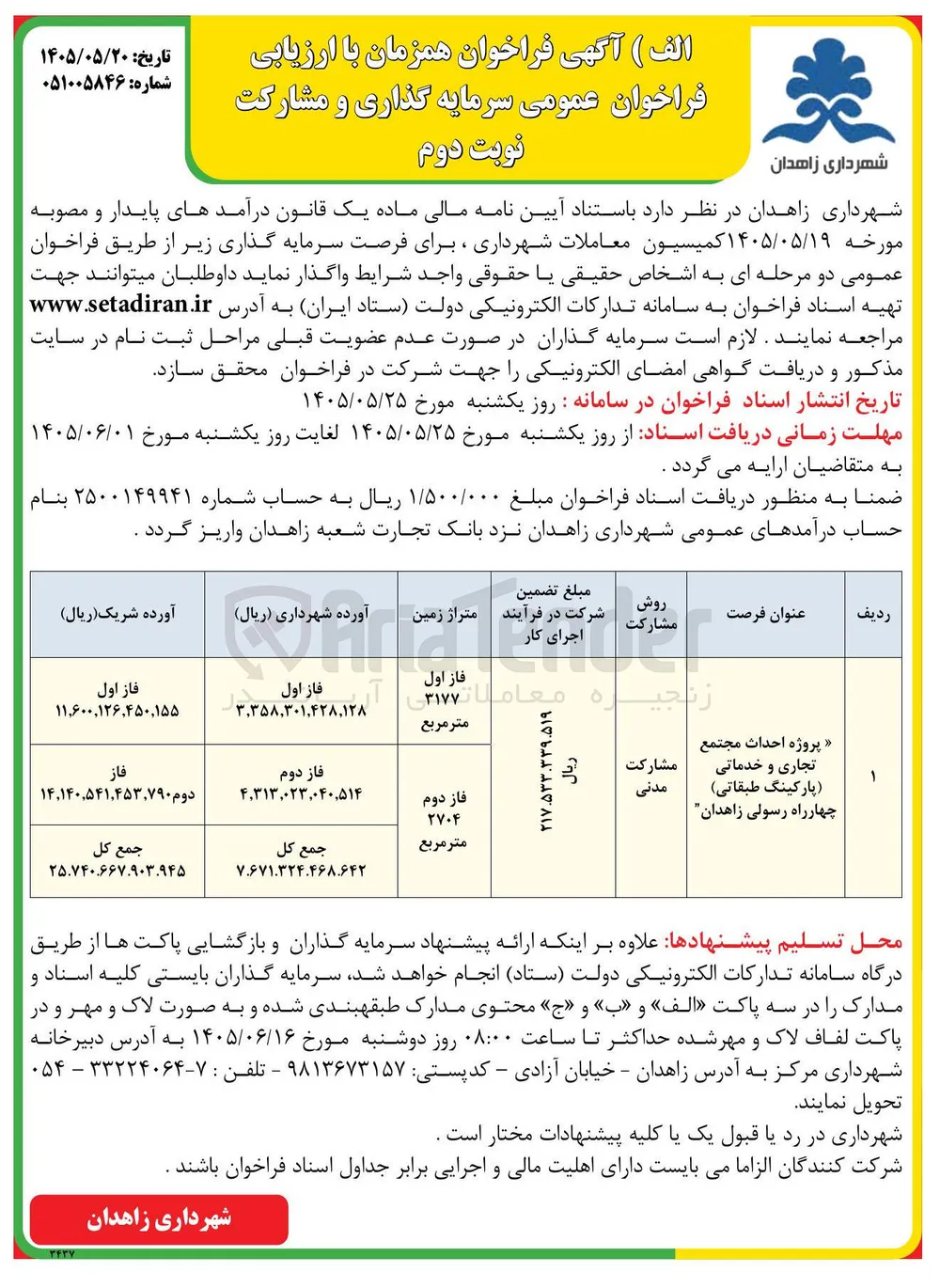 احداث مجتمع تجاری و خدماتی (پارکینگ طبقاتی) چهارراه رسولی زاهدان فاز دوم 