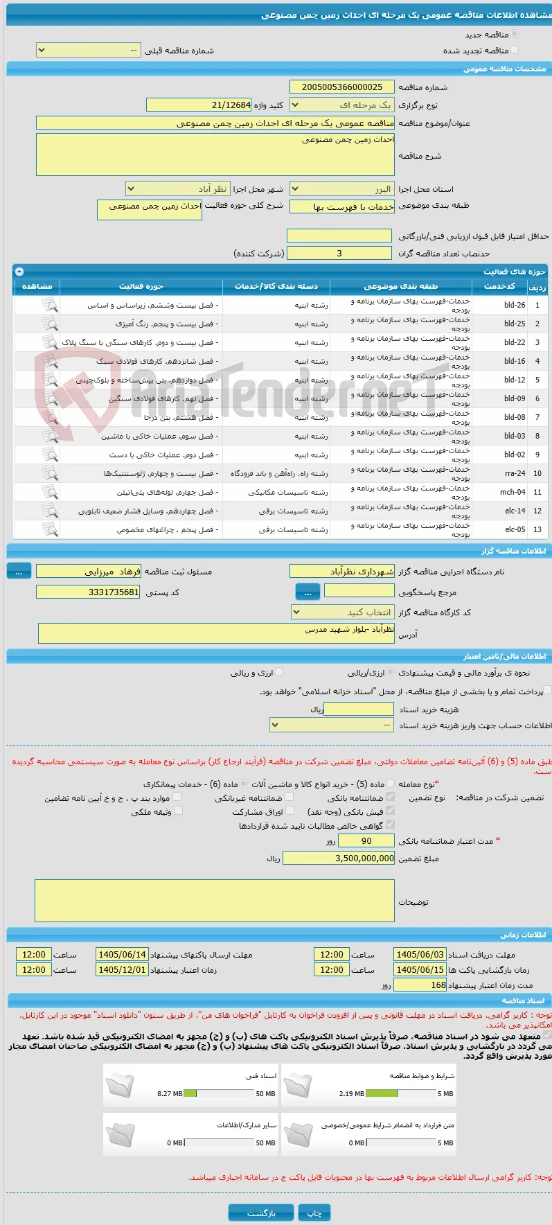 مناقصه عمومی یک مرحله ای احداث زمین چمن مصنوعی